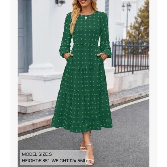 ZESICA Women's Long Sleeve Maxi Dresses 2XL Swiss Dot Tiered Flowy A Line Green - Picture 1 of 16